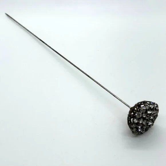 Antique Victorian Hat Pin Clear Paste Rhinestone Domed Top Filigree Back 10" - Picture 3 of 16